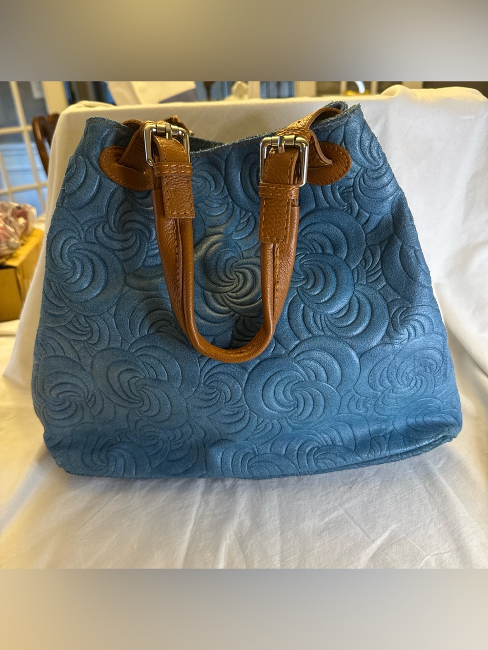 MASSIMO CASTELLI Teal Scrolled Leather  Tan Trim Tote Shoulder Bag Made In Italy